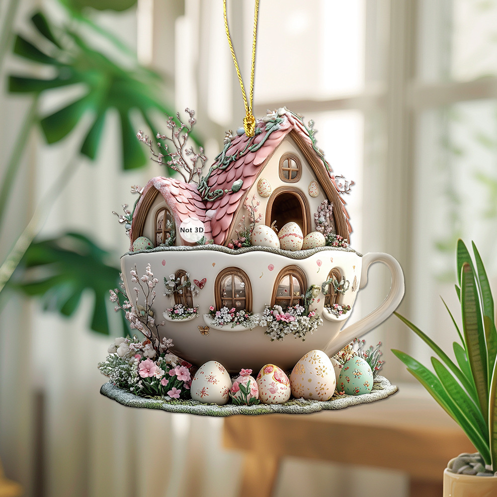 Adornos de taza de café de Pascua, casa de huevos de conejito de dibujos animados, tazas de café decorativas, adornos acrílicos 2D, suministros para de primavera 2025,: Verde claro