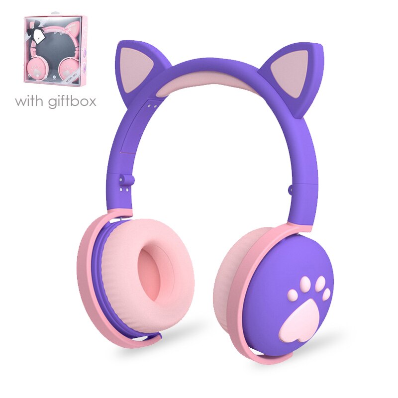 Cute cat Ear Paw Headset Glowing Kids Wireless Bluetooth 5.0 Headphones daughters Girls Earphones with Mic Children: E with box