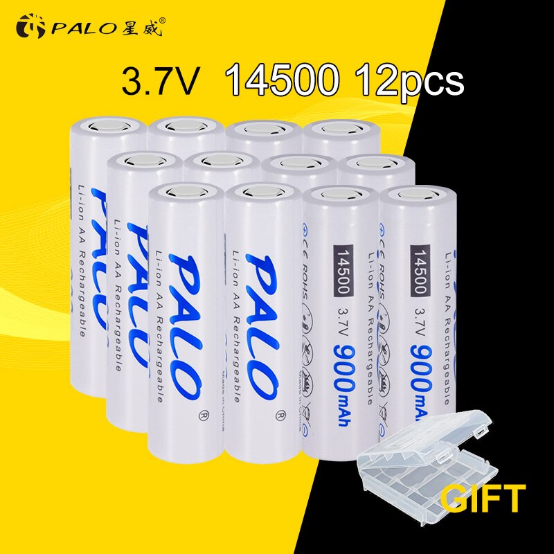 PALO 900mAh Original 3.7V 14500 battery 14500 AA Li-ion Rechargeable Battery 14500 Lithium-ion battery for LED flashlight: 12PCS