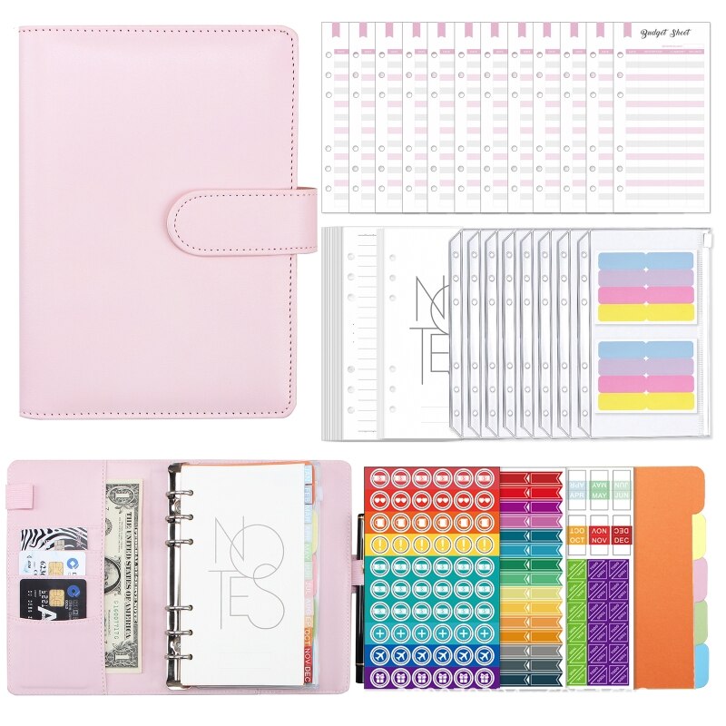 A6 Lederen Bindmiddel Planner Set Met Bindmiddel Zakken Budget Lakens Index Labels: pink