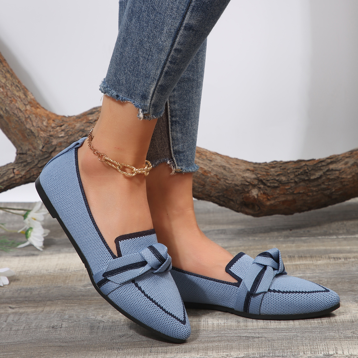 Mocasines ligeros y cómodos para mujer, bailarinas con pajarita, puntiagudas, suaves, descalzos, de punto, Multicolor, informal, bailarina