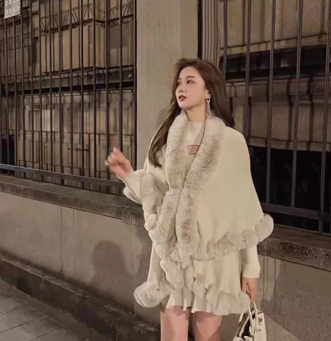 Cárdigan con cuello de piel de conejo sintética para mujer, de 2 capas capa larga, Poncho cálido y suelto, abrigo de invierno, 10 colores: Beige