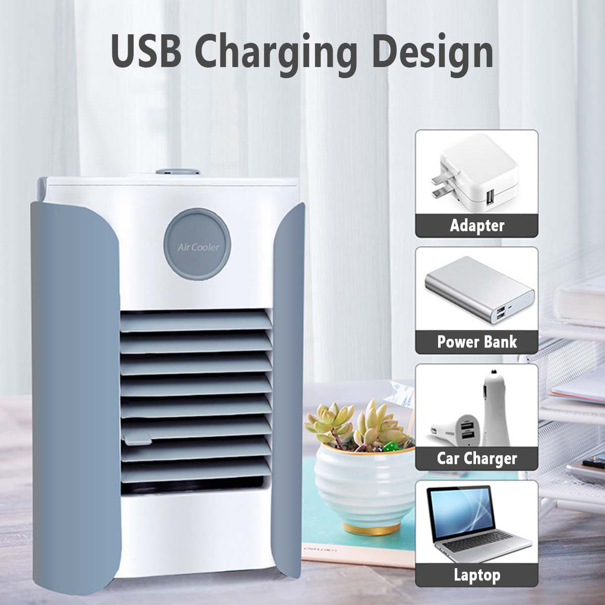 Minipöytätuuletin kannettava ilmastointilaite ilmankostutin ilmanjäähdytin tuuletin usb lataus säädettävä tuki bluetooth/radio/aux