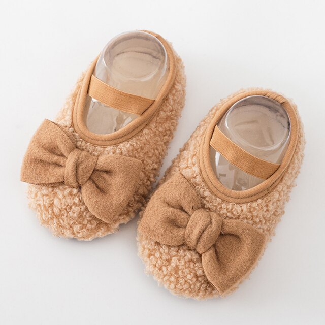 Novo piso do bebê meias grossas outono inverno indoor criança meninas sapatos pé meia: Cáqui / XS 6-12months