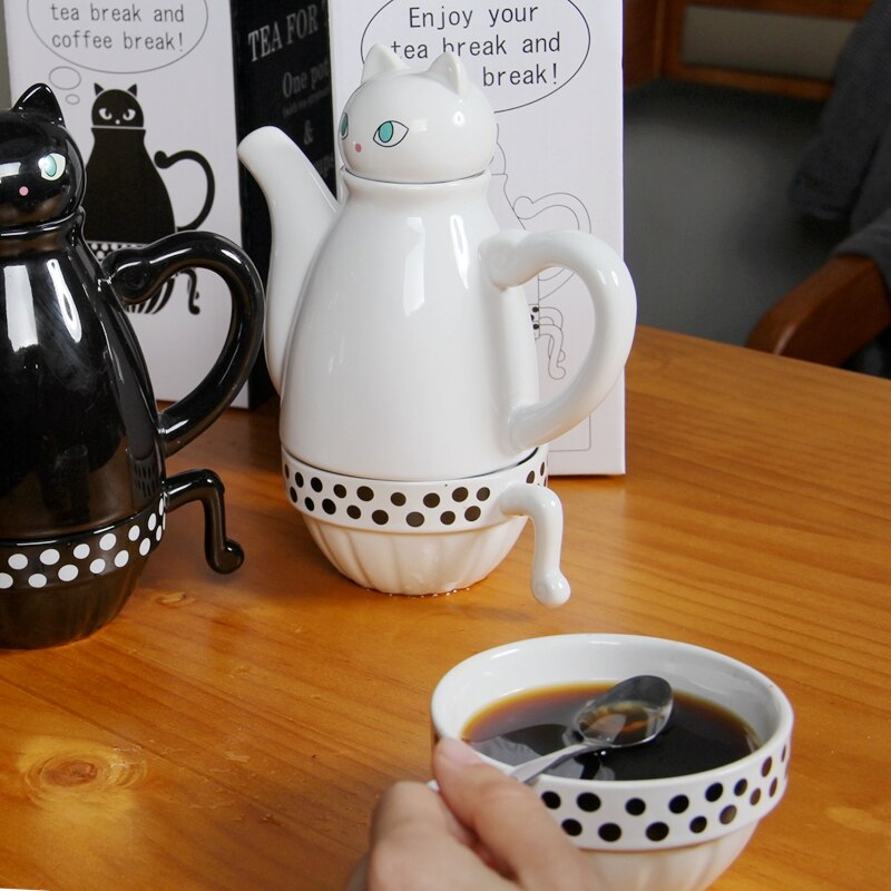 Teteras de gatos japoneses, juegos de café bonitos, tetera creativa de dibujos animados, Taza de cerámica para el hogar, tazas de leche, tetera japonesa, 1 tetera, 2 tazas
