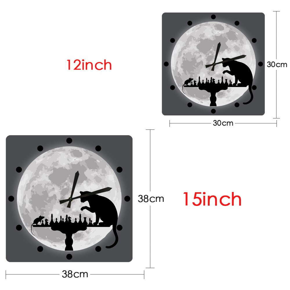 Cat Playing Chess with Mouse The Moon Background Square Wall Hanging Clock Animal Hunting Board Game Wall Watch Pet Lover