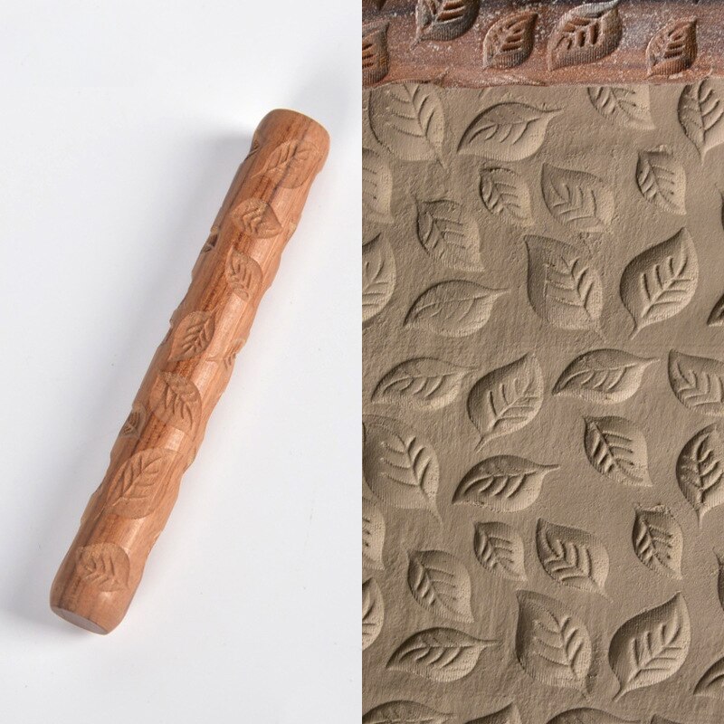 Wooden Texture Mud Pressed Roller Pattern Roller Rod Embossed Polymer Clay Rolling Pin Ceramic Pottery Art: leaves 12cm