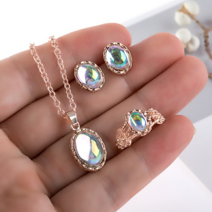 GTQ 3 Teile/satz Frauen Schmuck einstellen Weibliche Gold Farbe Luxus Opal Ring Zucht Ohrringe Anhänger Halskette Hochzeit Schmuck einstellen