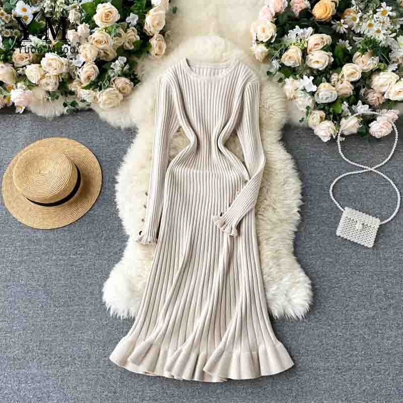 Yuoomuoo Vrouwen Gebreide Lange Jurk Herfst Winter Slanke Lange Mouwen Omzoomd Dames Jurken Elegante Partij Vrouwelijke Rode Trui Jurk: Beige