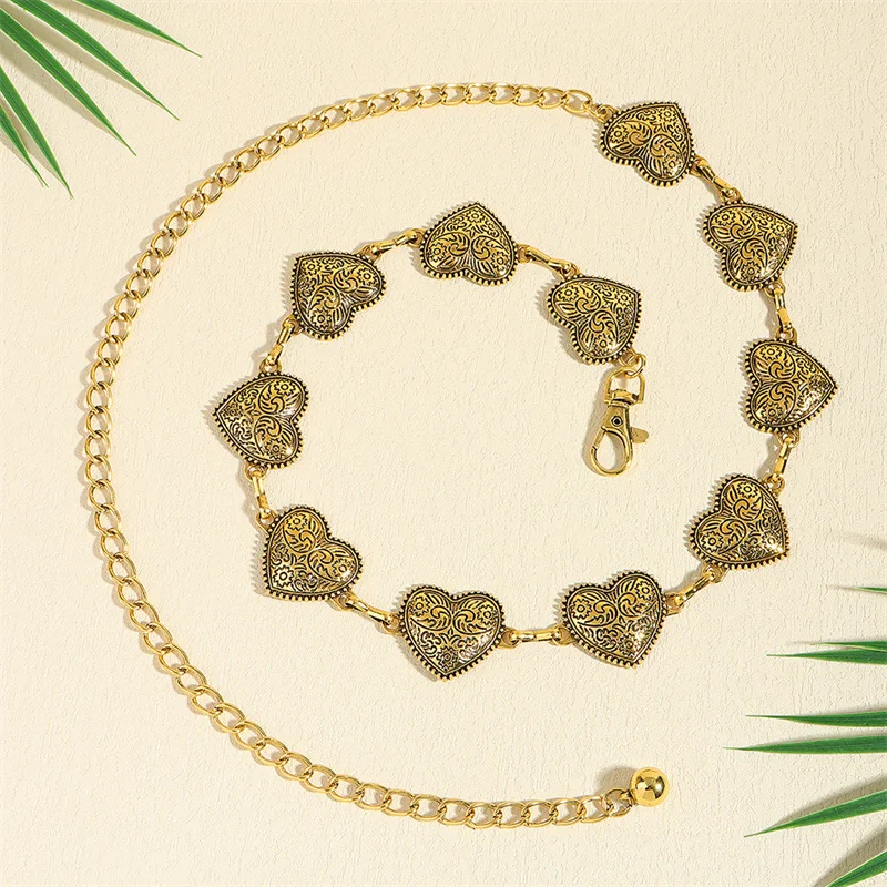 Cinturón de cintura larga con hebilla ajustable y corazón de amor dorado, vestido, suéter, cadena para el cuerpo, para mujer, Metal calado Vintage