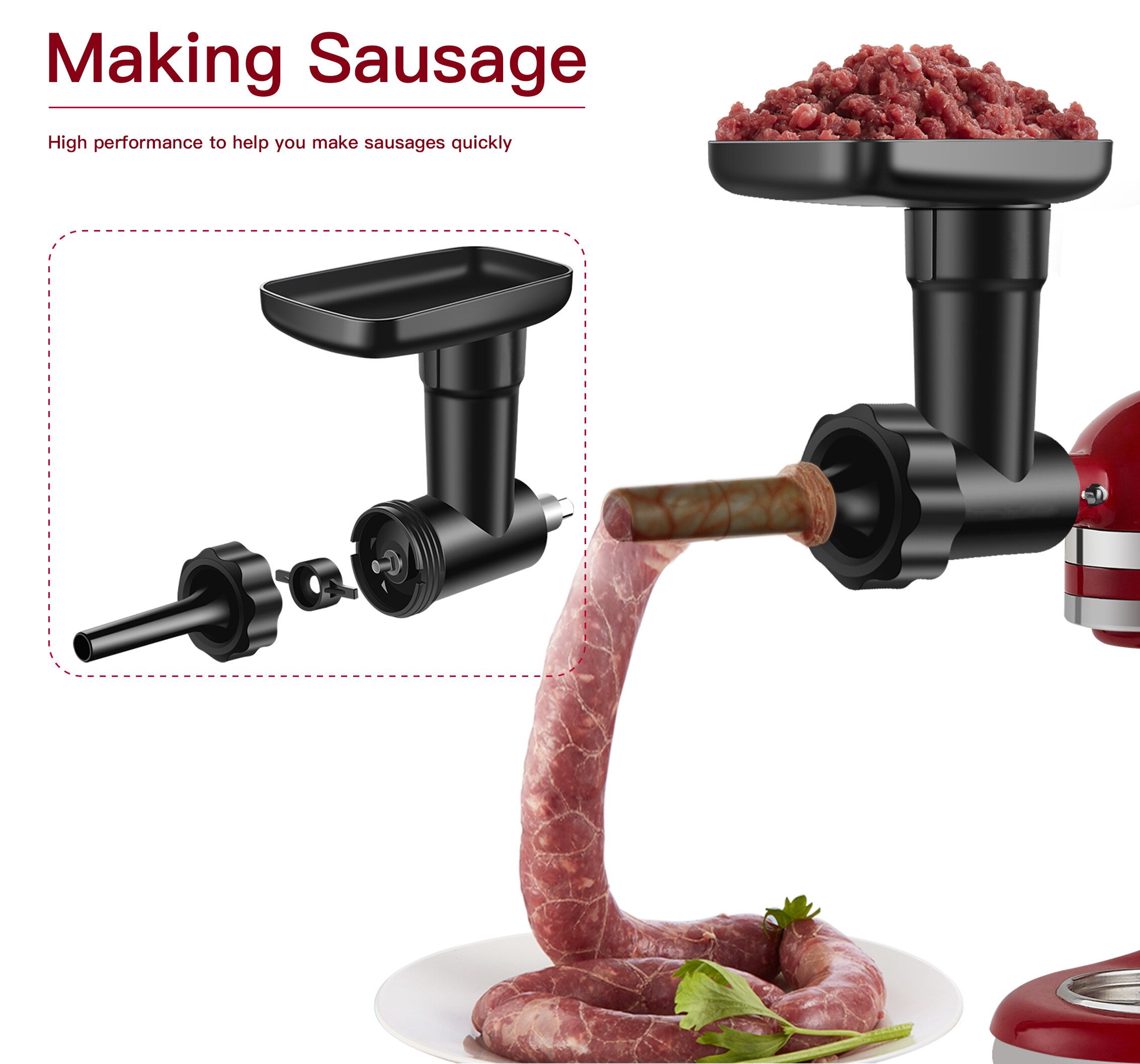 Plastic Food Grinder Attachment for Kitchenaid Stand Mixers, as Meat Mincer Accessory including Sausage Stuffer Tubes