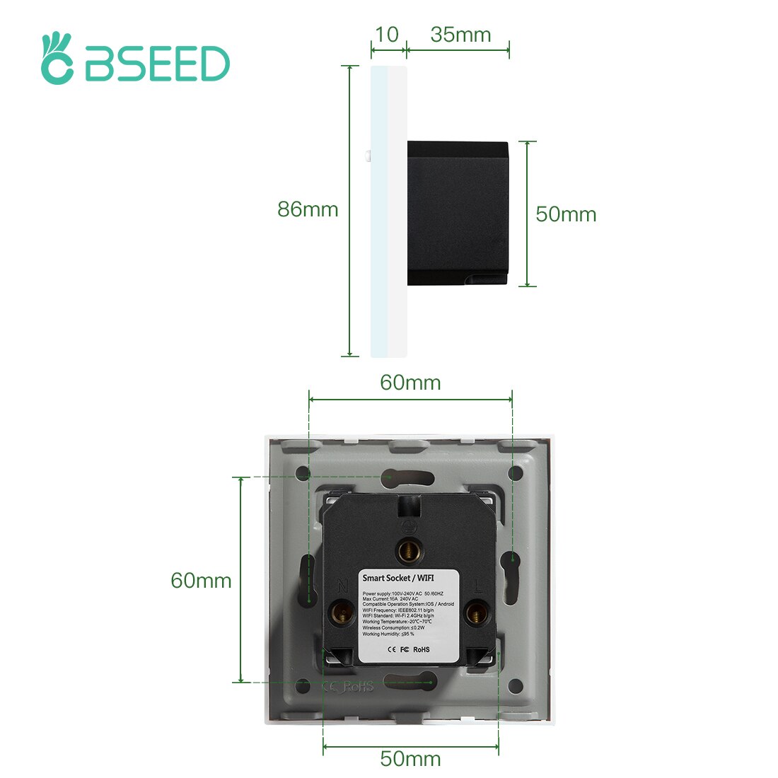 BSEED Single WIFI Power EU Sockets Double Smart Google Alexa Wall Sockets 16A Triple Glass Crystal App Sockets On/Off Switches