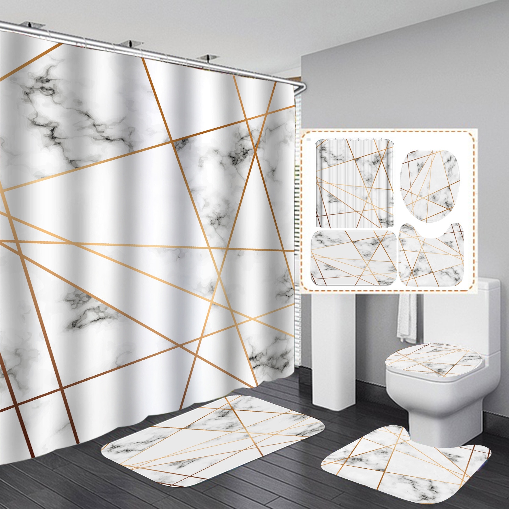 Tenda da doccia in marmo con trama a inchiostro Set da bagno morbido in 4 pezzi lussuoso tessuto in poliestere con stampa grafica con gancio: 3