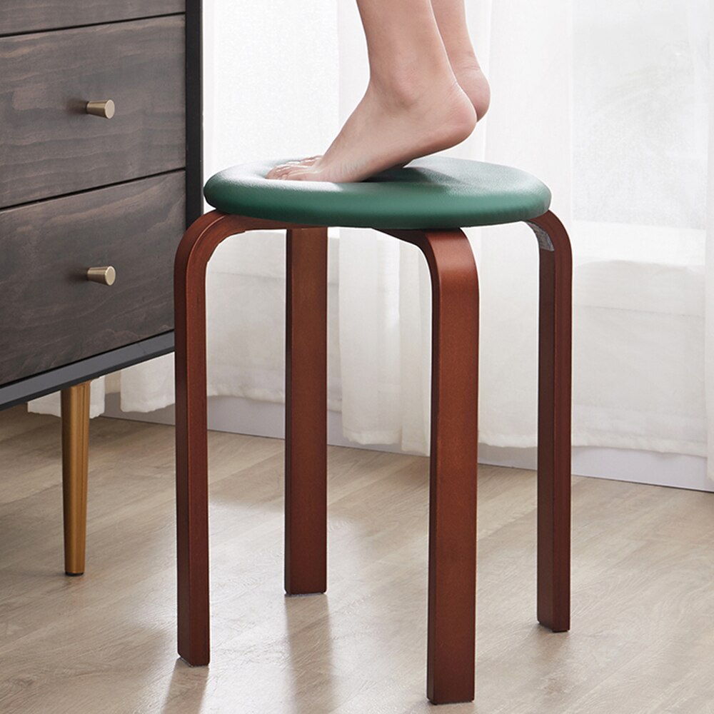 Wooden Stool Solid Wood KD Stool Stackable Leather Cushion Padded Round Stool Backless Chair for Home / Restaurant / Cafe / Bar