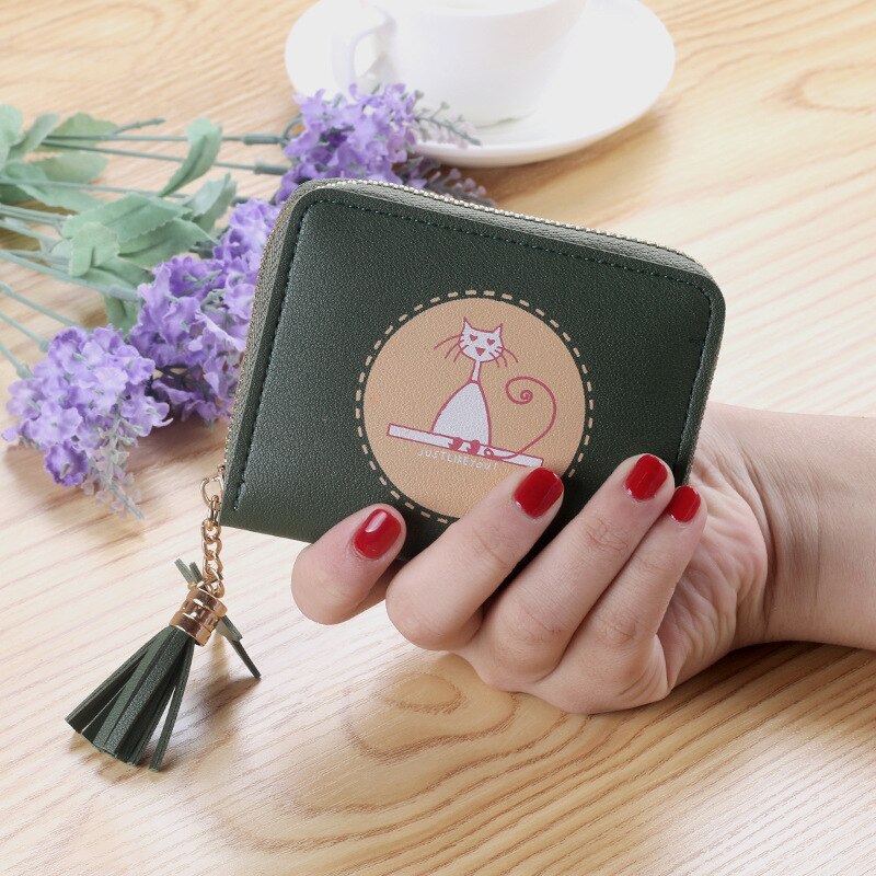2020 gato impressão bolsa feminina curto zíper carteiras moeda saco bonito moda pequena senhora meninas estudantes carteira titular do cartão: Blackish Green