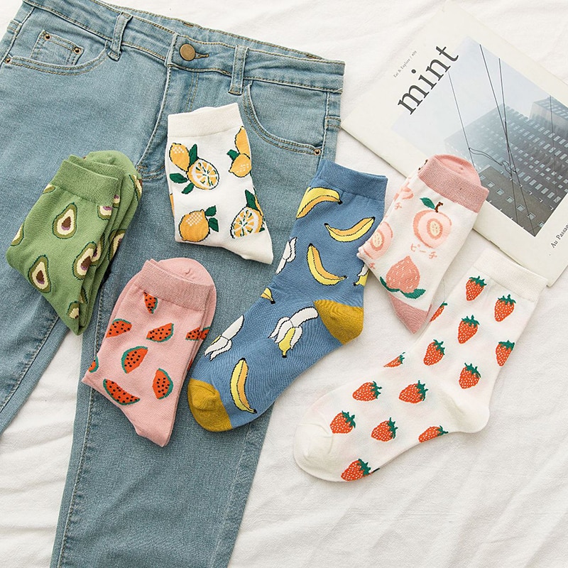 Dessin animé fruits coton chaussettes pastèque citron fraise banane avocat femmes chaussettes féminine Streetwear chaussettes été automne