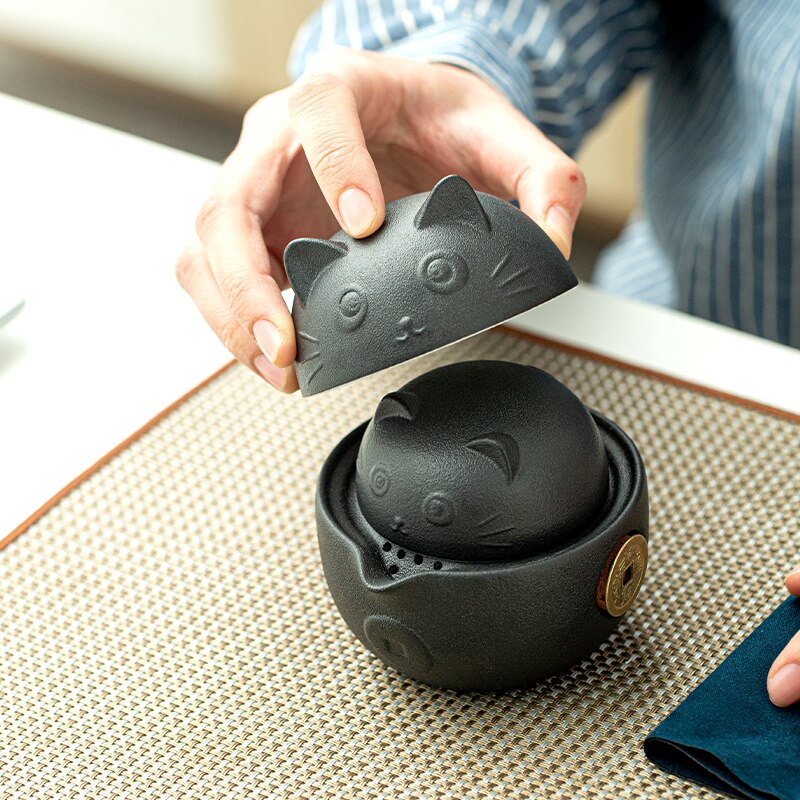 LUWU – théière en céramique avec 2 tasses chat mignon, service à thé de bureau portable de voyage avec étui de voyage