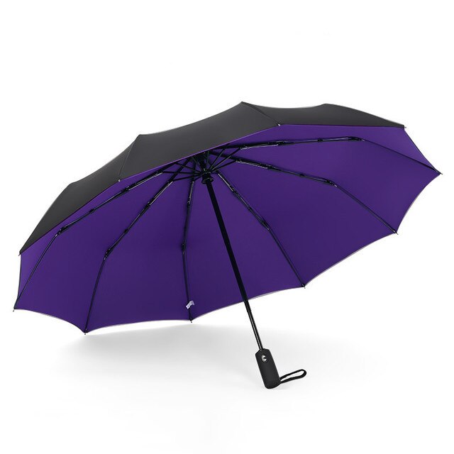 Three Folding Automatic Umbrella Rain Women Auto Luxury Big Windproof Umbrellas academy Men Double layer 10 Ribs Large Parasol: Double purple
