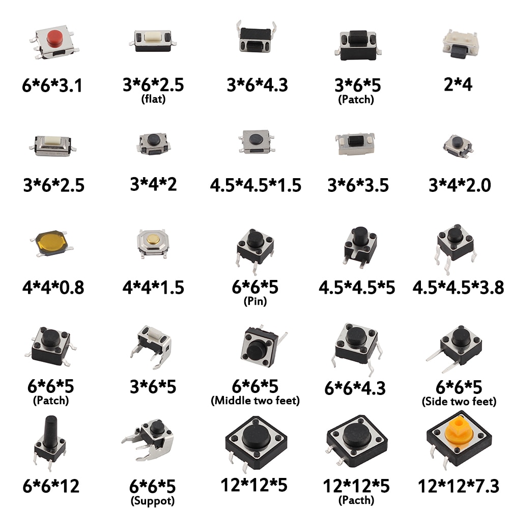 Verwant Het pad Productie 125pcs 25 Types/lot Diverse micro schakelaar drukknop Tact touch Schakelaars  SMD DIP Reset Mini Leaf Switch 2*4 3*6 4*4 6*6 diy kit – LovingPrices