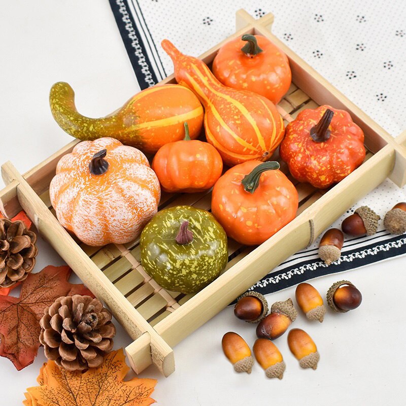 50Pcs Simulatie Pompoen Gouden Herfst Mini Pompoen Set Halloween Pompoen Thanksgiving Decoratie Pompoen Dennenappels Eikels Prop