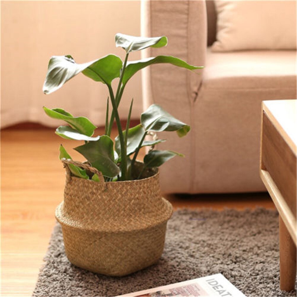 Foldable Handmade Bamboo Storage Basket Laundry Straw Patchwork Wicker Rattan Seagrass Belly Garden Flower Pot Planter Baskets