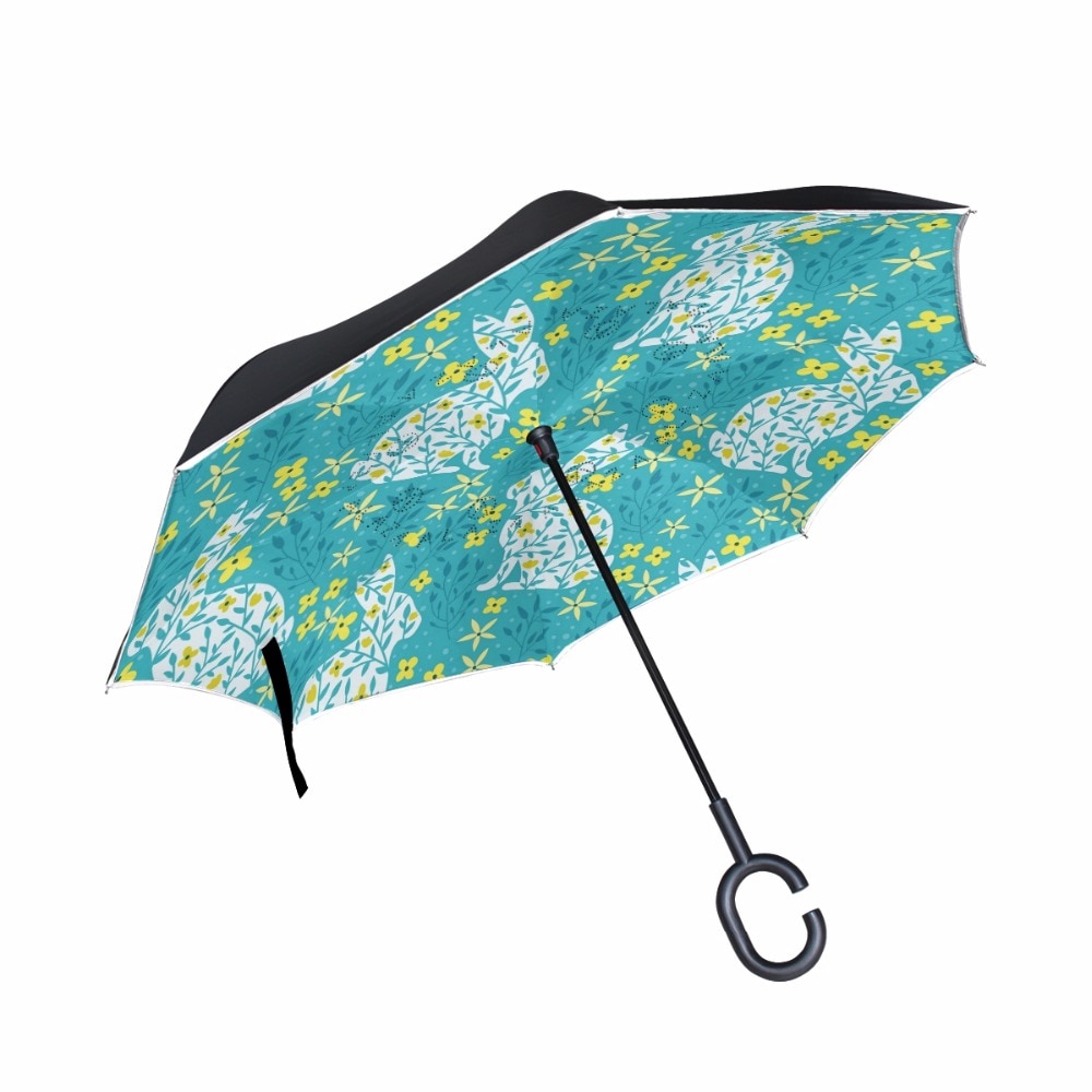 Windproof Reverse Rabbit Umbrella Folding Double Layer Inverted Chuva Umbrella Self Stand Inside Out Rain Protection C-Hook Hand