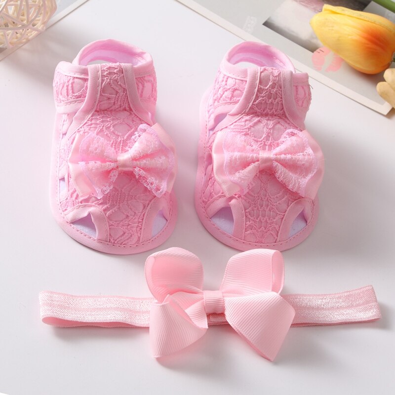 0-18M Baby Baby Meisje Zomer Strik Hollow Sandalen Peuter Soft Sole Wandelschoenen Pasgeboren Casual Schoenen hoofdband Set