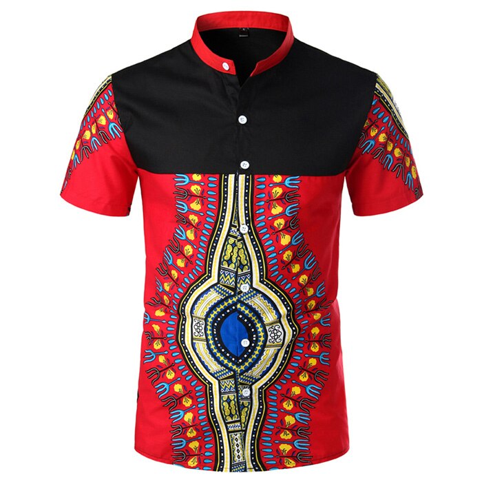 Heren afrikaans dashiki overhemd met opstaande kraag en korte mouwen, heren tribal folk top, 100%  katoenen heren afrika kleding, camisa chemise, s-xxl: Rood lichaam / Usa m