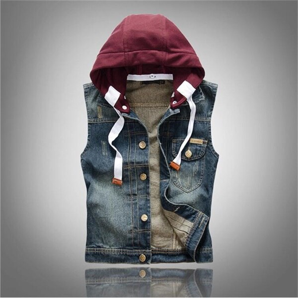 Lente Herfst mannen Denim Vest Casual Jeans Hooded Jassen Camouflage Ripped Mouwloze Jassen Vest Colete Masculino: Bordeauxrood / L