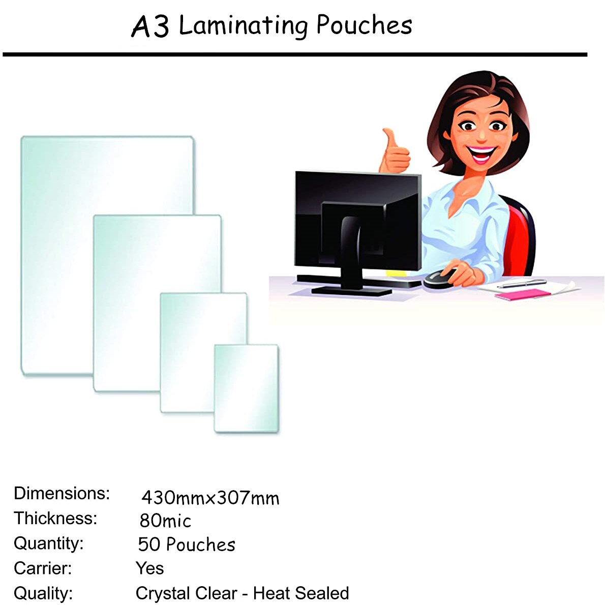 Laminating Film 80mic A3 Size Sheets for Laminator Machine Laminating Pouches Size 307mm x 430mm, 50 Pouches Per Pack