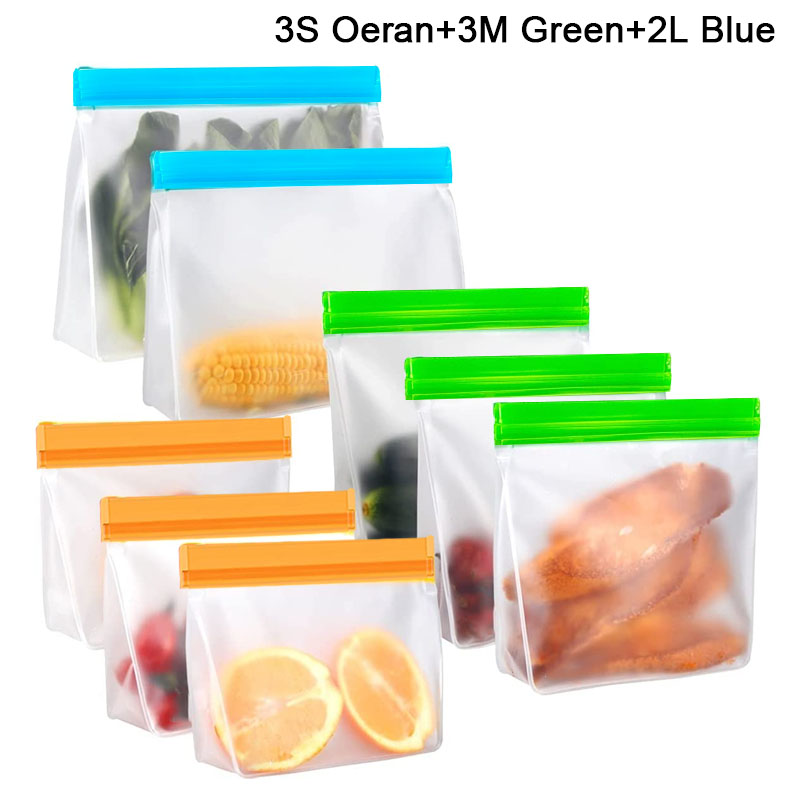 3 Sizes Reusable Stand Up Food Storage Bag Set Leakproof Freezer Food Sealing Bag Kitchen Organizer Fresh Shut Bags BPA Free: 8Pcs