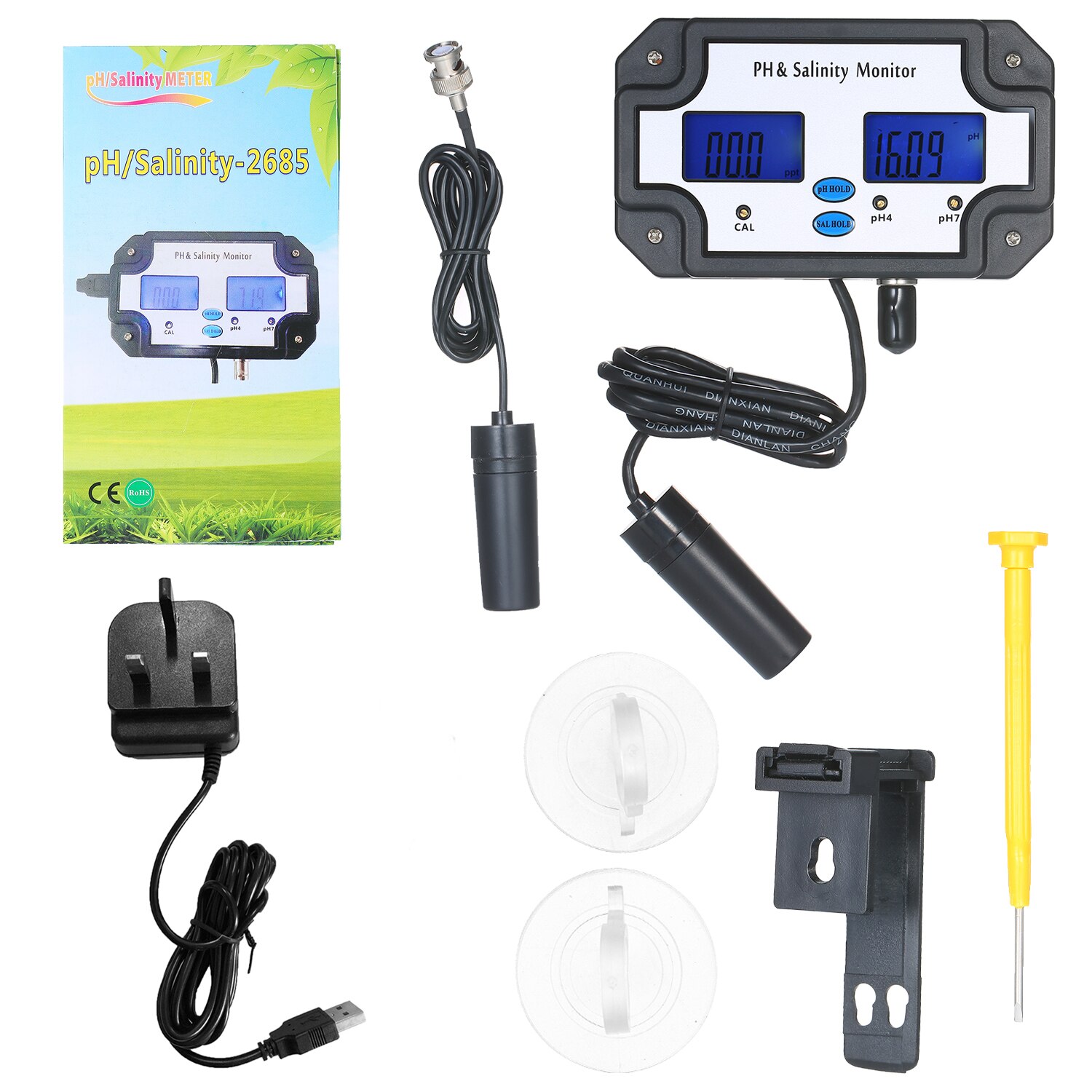 PH/Salinity Meter Water Tester Detector PH & Salinity Monitor 2 in 1 Water Analysis Device PH Meter