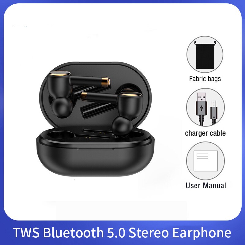 Stereo vero Cuffie Senza Fili TWS oortjes Auricolari Bluetooth sport bass handsfree chiamata HD Auricolari con microfono per Cellulari: Black with Bag