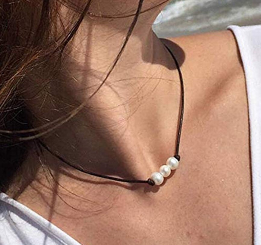 neue Frühjahr und Sommer Halsband Knoten Perle Halsketten für Frauen Schmuck Schlüsselbein Drei Perlen Handgemachte Schwarz Seil: Three pearls
