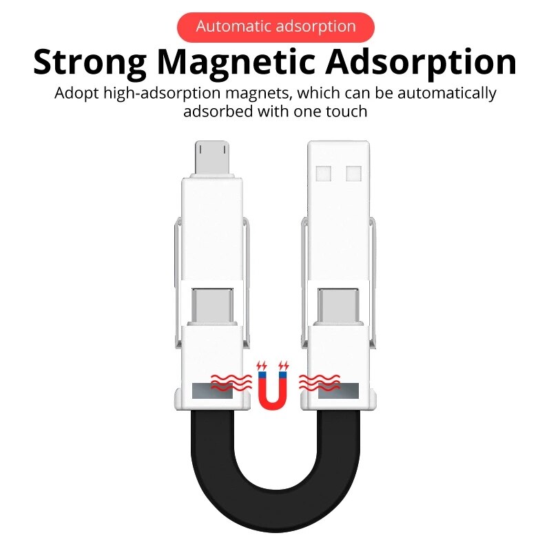 Porte-clés magnétique 4 en 1, câble Micro USB type-c à 8 broches pour recharge et données, cordon de chargeur Portable court pour iPhone et Android