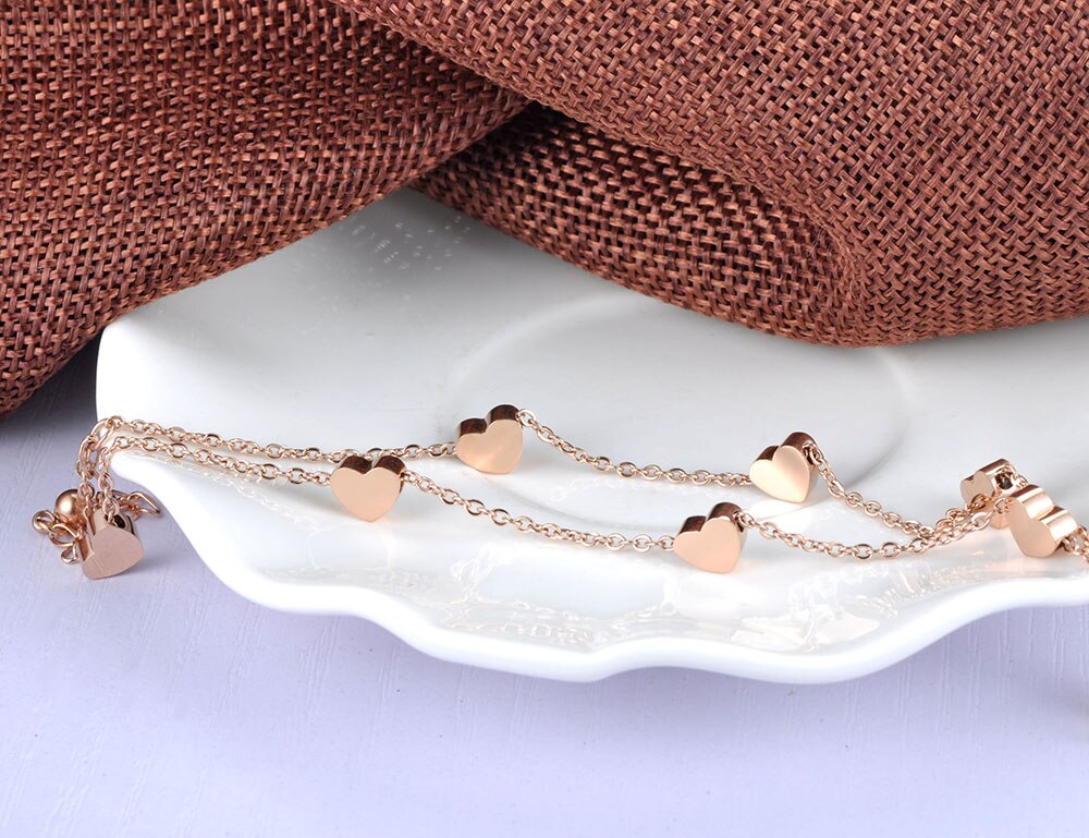 Heart Charm Double Layers Bracelet Bangle For Women Stainless Steel Link Chain Bohemia Summer Beach Jewelry B19018