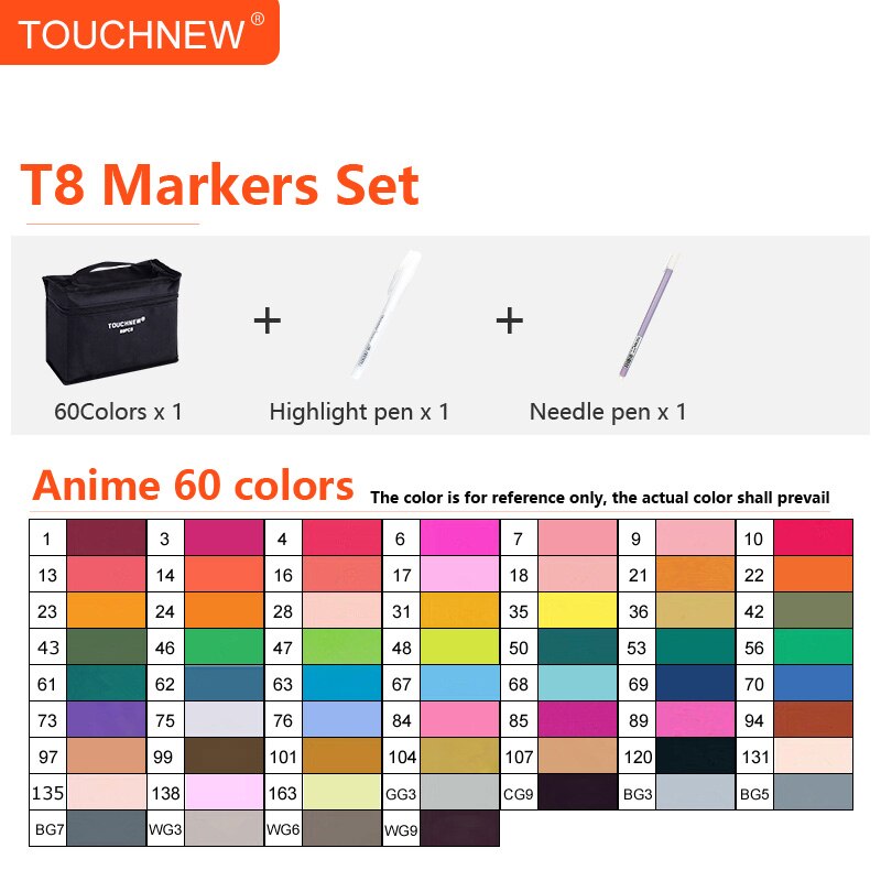 Touchnew  t8 alkohol tuschpen med dobbeltspids tegning kunstmarkører sæt rund pen til børn voksne farvelægning maleri: 60 farver anime