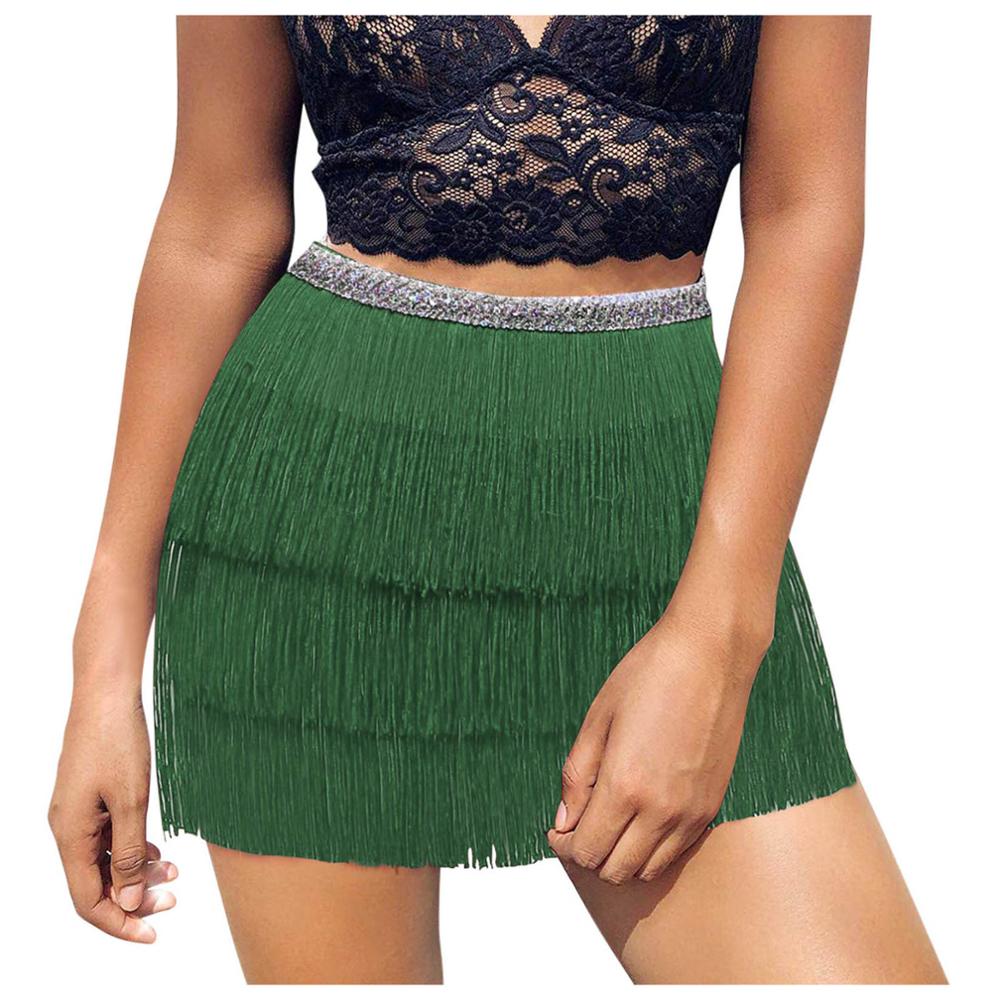 Women Skirt Sequin Belly Costume Tassel Wrap Skirt Club Mini Skirt D60: Green  