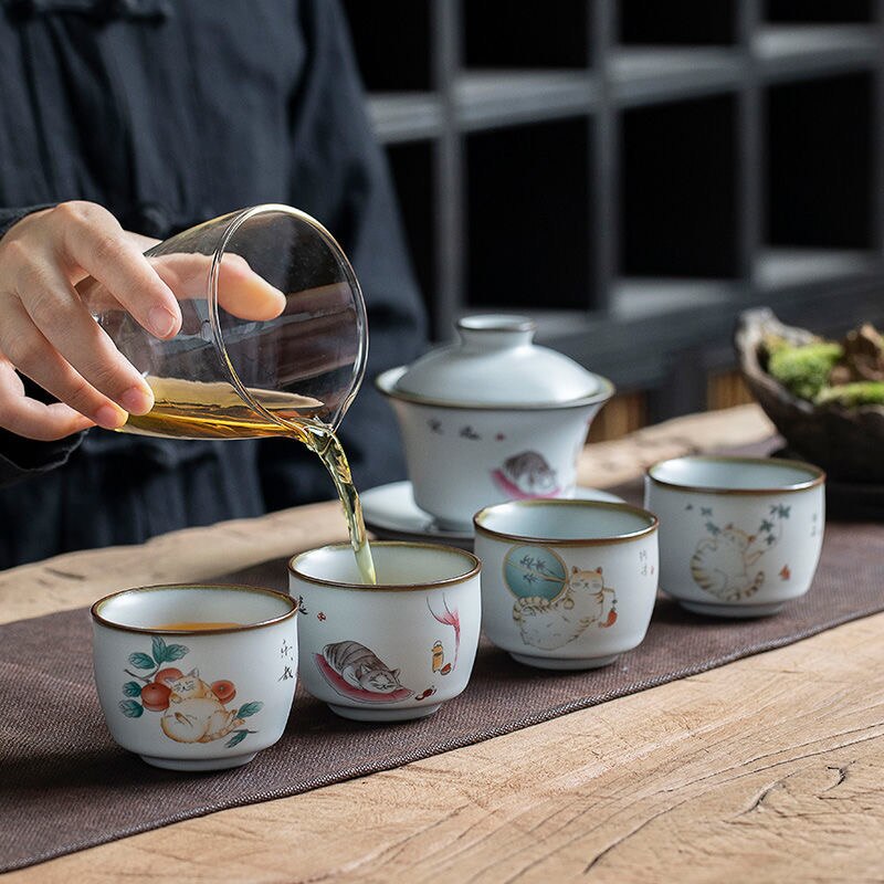 LUWU Ceramic Tea Cup Cute Cat Chinese Teacups 100ml