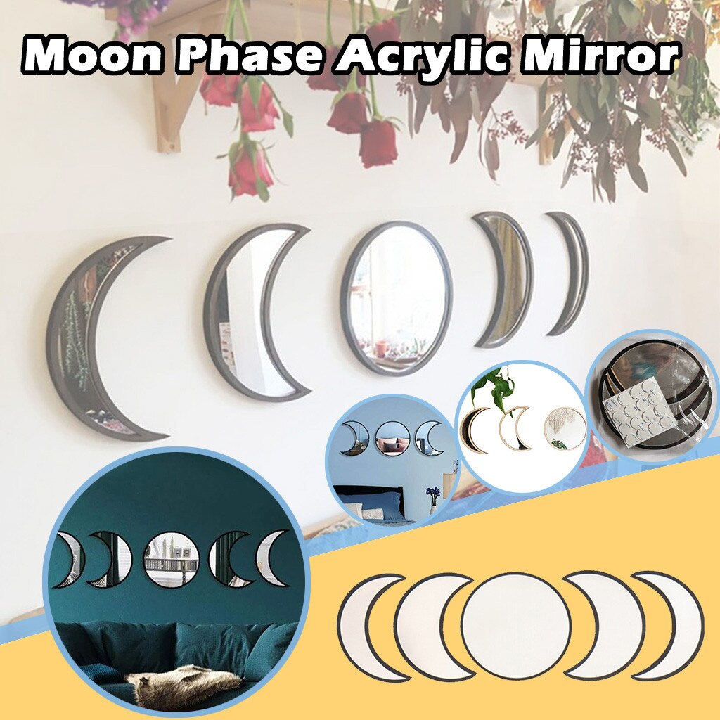 nordisch Stil Holz Dekorative Spiegel Mond Phase Spiegel Schlafzimmer Acryl Spiegel Spiegel Schlafzimmer Acryl Spiegel adesivos espelho