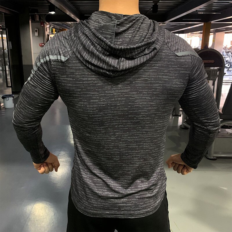 Ginásio masculino t camisa casual manga longa magro topos camisetas elástico esportes fitness conforto fino respirável secagem rápida com capuz