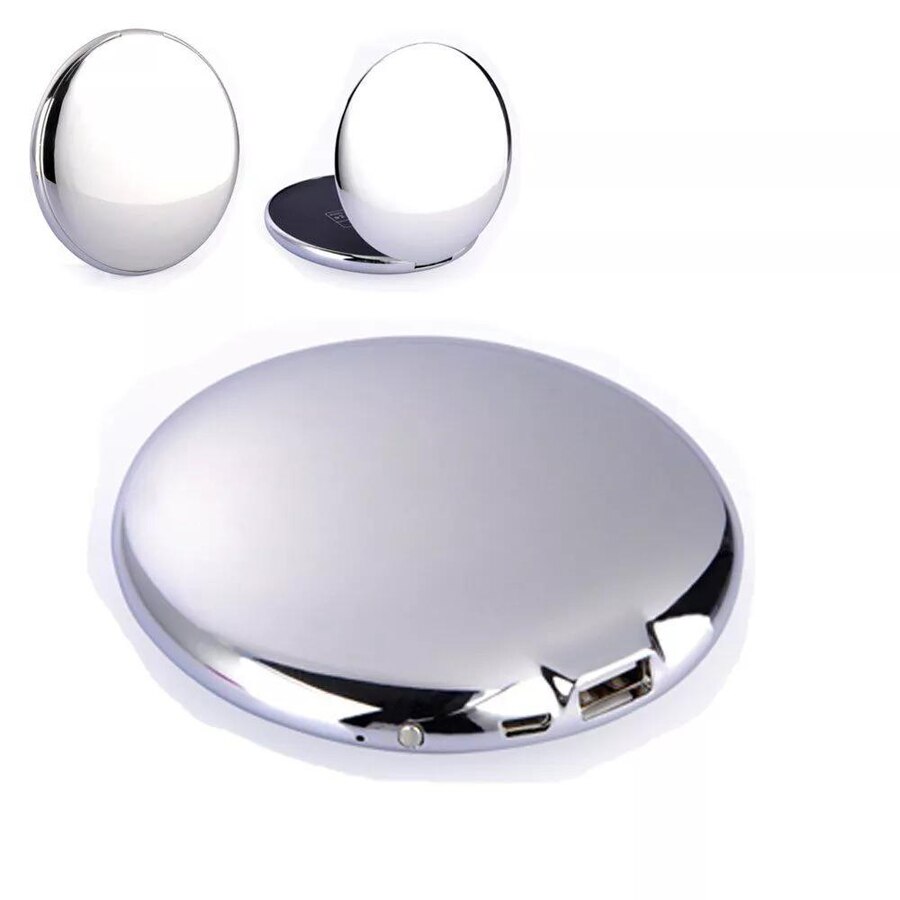 Przenośny makijaż kosmetyczny kieszonkowy okrągły powerbank lustro powerbank podróżny 5000mah z lustrem i światłem: Srebrny