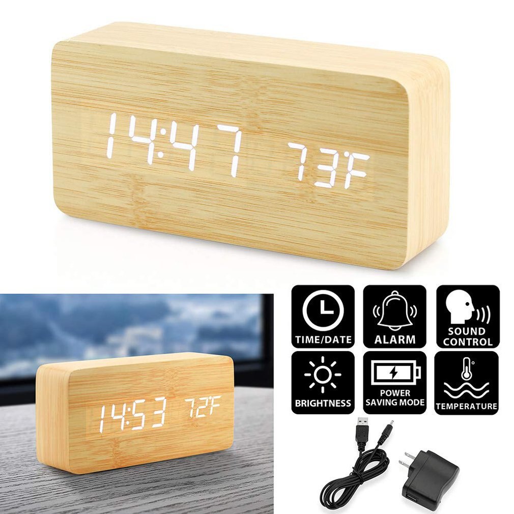 LED Wooden Alarm Clock Watch Table Voice Control Digital Wood Despertador Electronic Desktop USB Powered Clocks Table Decor