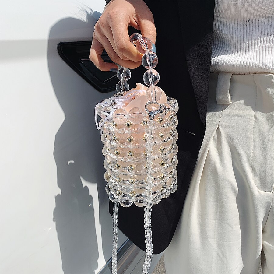 Sacs à main de soirée à perles creuses pour femmes, petits sacs de luxe tissés à bandoulière pour dames, sac Transparent à perles pour fête de mariage