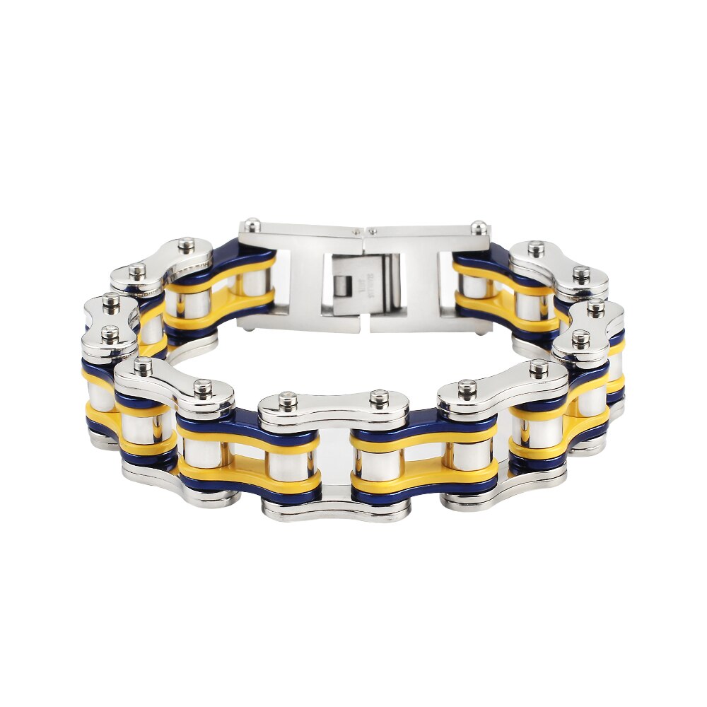 Punk Stainless Steel Bike Chain Bracelet Mens Bangle Link Chain Motorcycle Bicycle Style Bracelets Jewelry: Blue Yellow16mm / 21cm (8.3inch)
