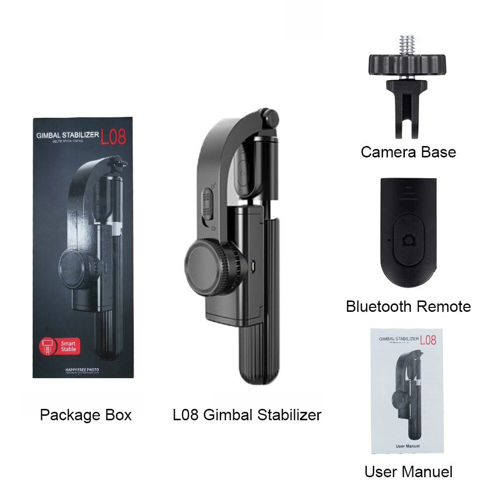 L08- fach tragbares selfie-stick-stativ mit gimbal-stabilisator und fernbedienung für smartphones, bluetooth-fähig: Schwarz