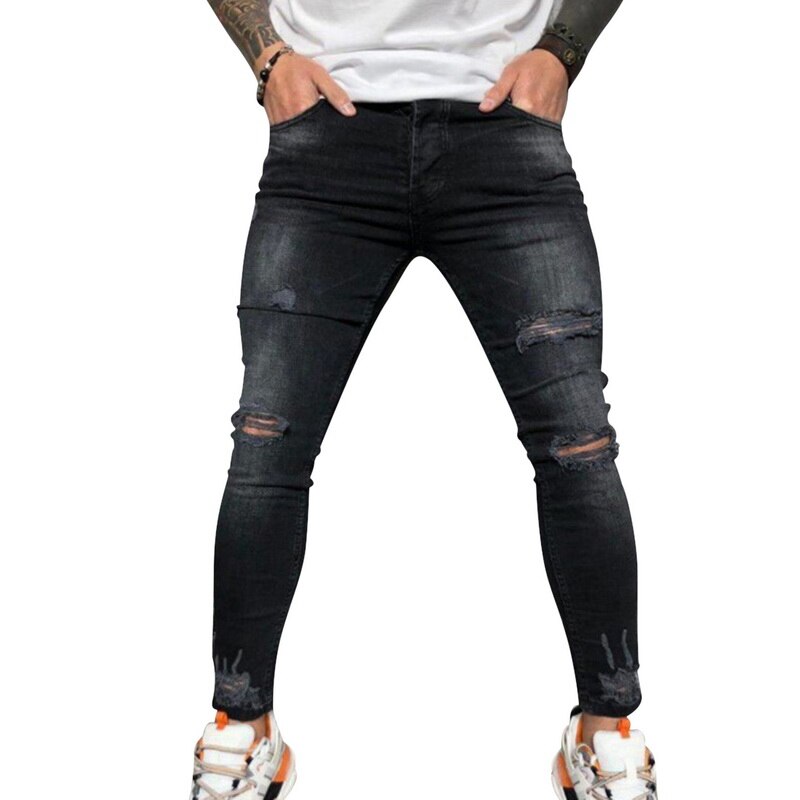 Men Stretchy Ripped Skinny Biker Print Jeans Destroyed Hole Taped Slim Fit Black Denim Scratched Autumn Jean