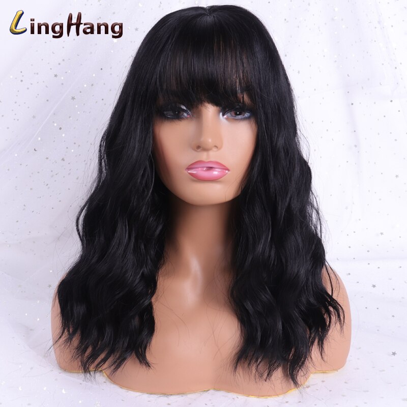 LINGHANG, pelucas de Rubia larga con flequillo, pelucas onduladas sintéticas resistentes al calor para mujeres, pelos de Afro-Americana: 2