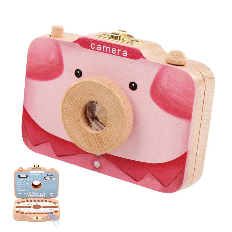 Caja de dientes con forma de cámara para niños, organizador de madera para guardar dientes de leche, gran: Verde
