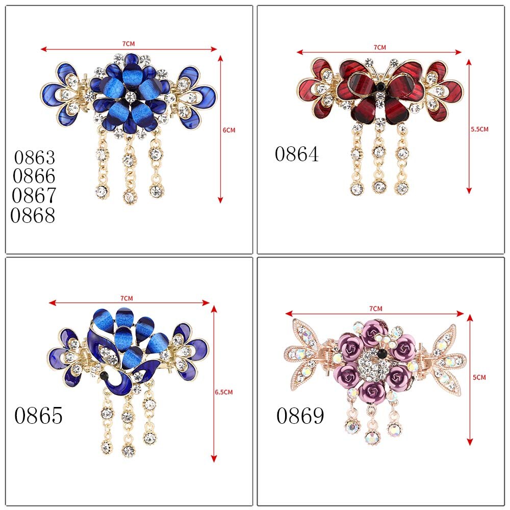 Hårspenne med strass, hårspenner, påfuglroseblomst, sommerfuglornamenter, dusk, hårspenner, hårklemmer, hårtilbehør